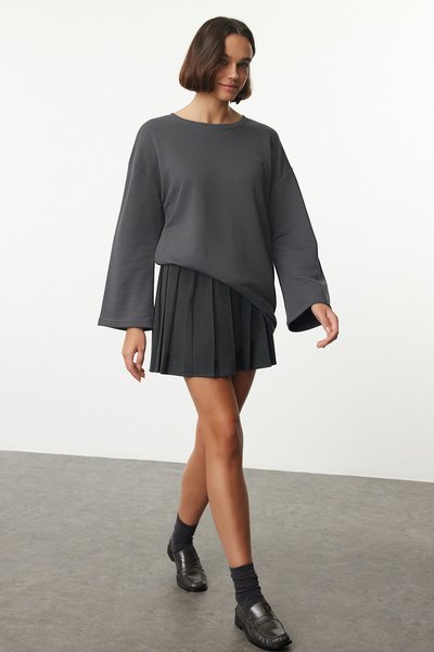 Trendyol Collection Φούτερ με λαιμόκοψη Anthracite Oversize - Ισπανικό μανίκι, πλεκτό TWOAW25SW00165