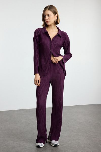 Trendyol Collection Wide Fit Plum Color Buttoned Knitted Set - Twoaw24Au00073
