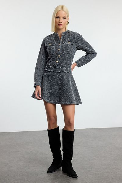 Trendyol Collection Gray Textured Skirt Flounces Mini Denim Dress Twoaw25El00515