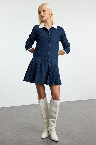 Trendyol Collection Sötétkék redőzött baba galléros mini farmer ruha TWOAW25EL00340