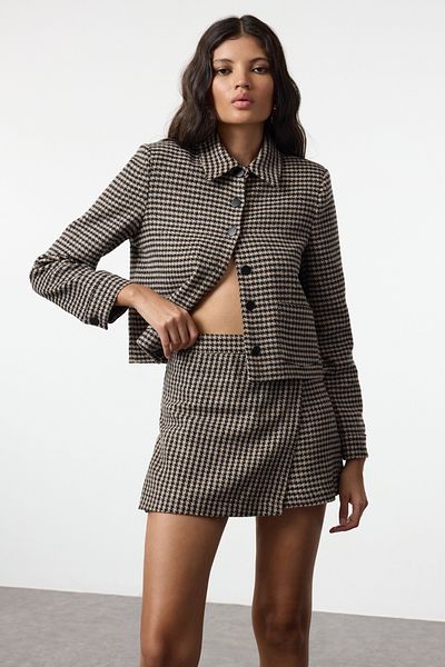 Trendyol Collection Béžová tkaná kraťasová sukně – se vzorem Houndstooth, Twoaw25Sr00042