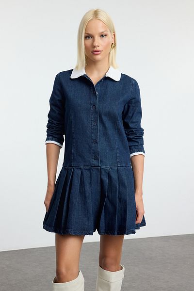 Trendyol Collection Sötétkék redőzött baba galléros mini farmer ruha TWOAW25EL00340