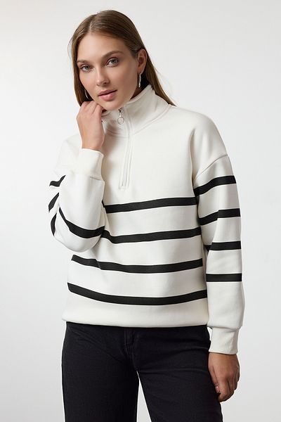Trendyol Collection Ecru Striped Knitted Sweatshirt - Zipper Detail, Regular Fit Twoaw25Sw00228