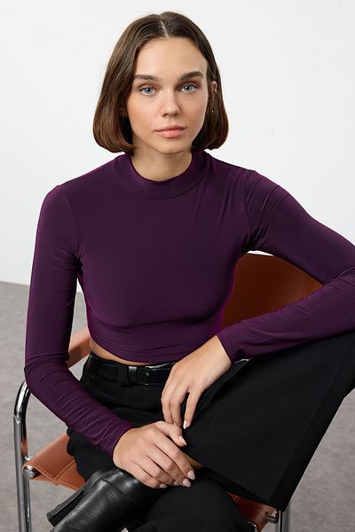 Trendyol Collection Flexible Knitted Crop Blouse - Stand Collar and Back Low Cut, Body Fitting Plum Twoaw24bz00250