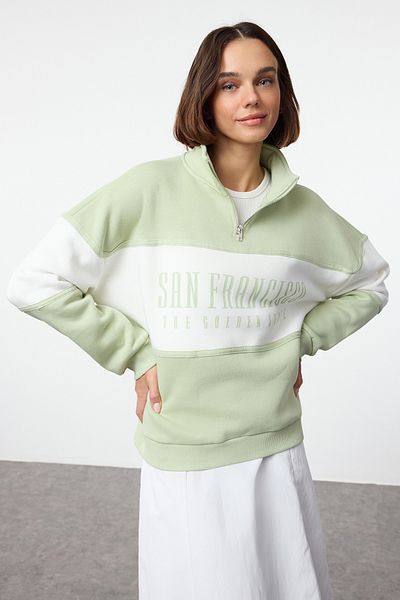 Trendyol Collection Mint Basic Printed - Silná fleecová pletená mikina TWOAW23SW00117