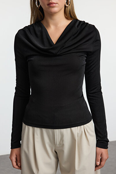 Trendyol Collection Flexible Long Sleeve - Degaje Collar Black Knitted Blouse Twoaw25Bz00252