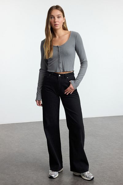 Trendyol Collection Ευέλικτη Γκρι Πλεκτή Μπλούζα - Γιακάς Πισίνας, Εφαρμοσμένη Twoaw25Bz00231