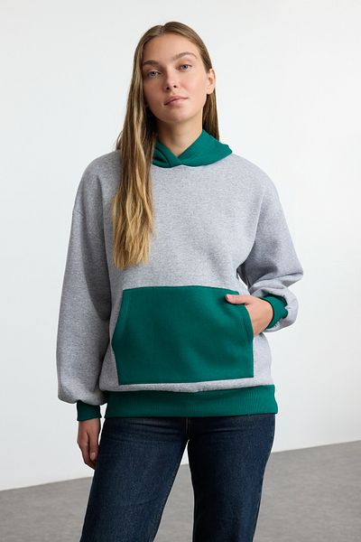 Trendyol Collection Oversize šedá Melange Blocked Fleece pletená mikina - silná vnitřní TWOAW25sw00099