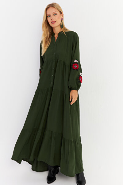 Cool & Sexy Khaki Colored Women's Maxi Dress - Flounce Detail, Alo9