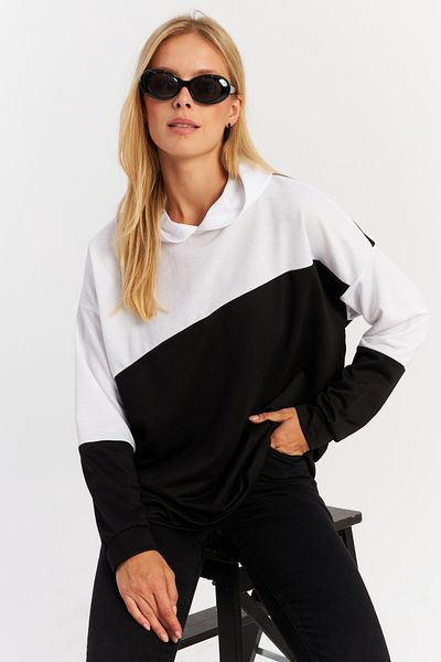 Cool & Sexy Black-White Color Blocked Hooded Women's Sweatshirt Da148