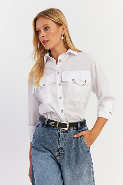 Cool & Sexy Λευκό Μεταλλικό Λεπτομερές Γυναικείο Πουκάμισο ASF13