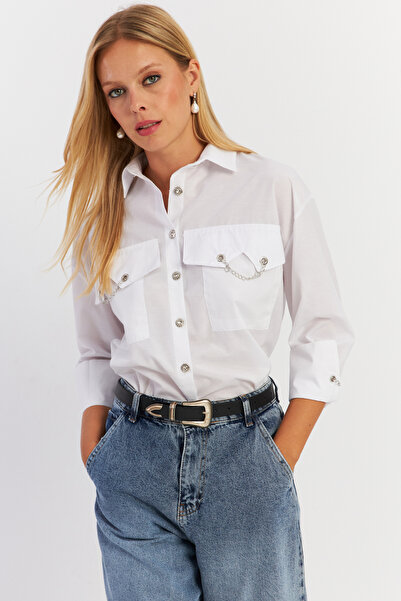 Cool & Sexy Λευκό Μεταλλικό Λεπτομερές Γυναικείο Πουκάμισο ASF13
