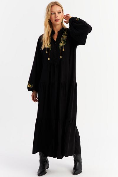 Cool & Sexy Black Embroidered Maxi Women's Dress - Flounce Detailed Alo6