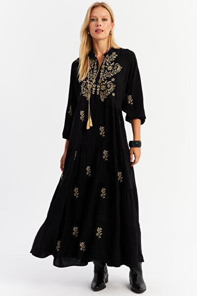 Cool & Sexy فستان نسائي طويل مطرز باللون الأسود - تفاصيل حبل، ALO5