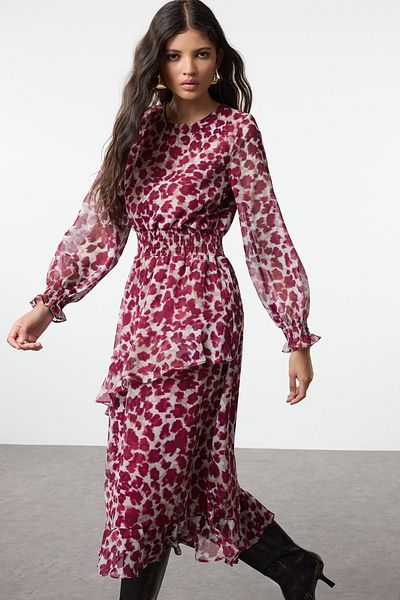 Trendyol Collection Winter Midi Dress - Red, Flounce Detail, Lined and Chiffon Woven Twoaw25El00335