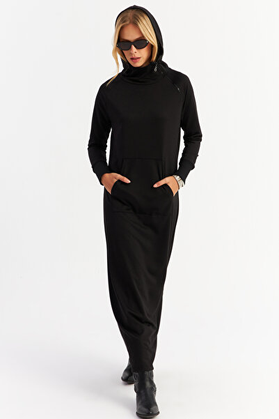 Cool & Sexy Black Maxi Sweat Dress - Collar Zippered Tf12