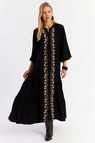 Cool & Sexy Black Embroidered Flounce Detailed Maxi Women's Dress - Alo8