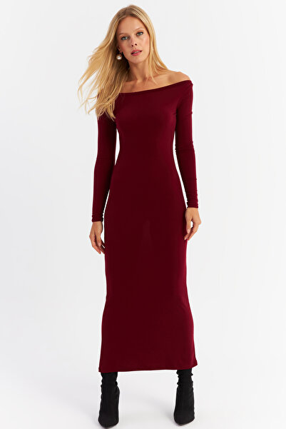 Cool & Sexy Kadın Bordo Kayık Yaka Maxi Yılbaşı Elbise HOR03