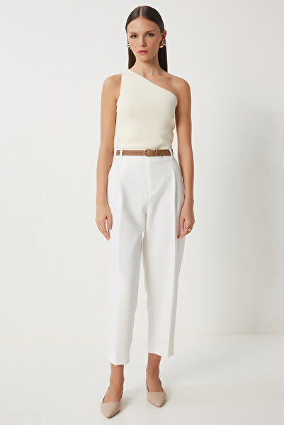 Happiness İstanbul Dámská krémová pletená halenka na jedno rameno Fn03208