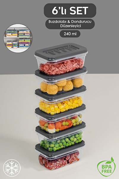 Meleni Home Organizator de frigider antracit din 6 piese - Container de depozitare potrivit pentru cuptorul cu microunde și difuzor - 6x240 ml