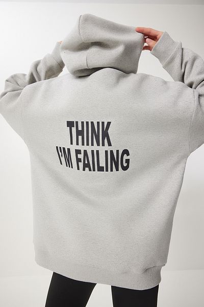 Happiness İstanbul Graues Oversize-Sweatshirt mit Kapuze für Damen OW00047