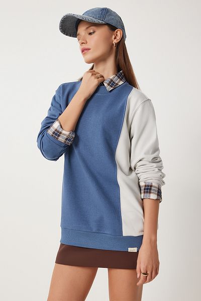 Happiness İstanbul Indigoblaues Damen-Sweatshirt mit Blockmuster – VN00021