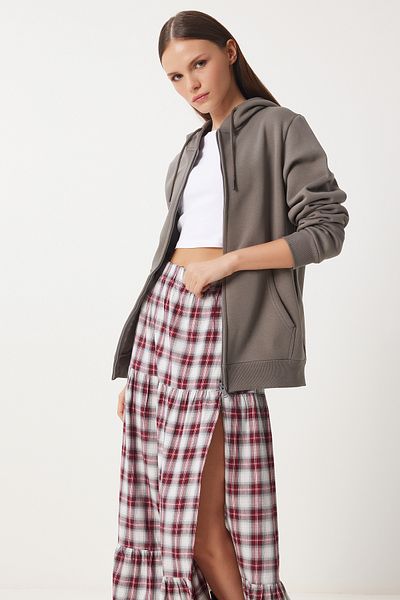 Happiness İstanbul Dámská uzená mikina oversize s kapucí, žebrovaný zip Vn00016