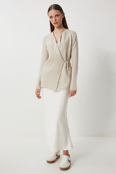 Happiness İstanbul Women's Beige Wrap Collar Belted Seasonal Knitwear Cardigan Us00929