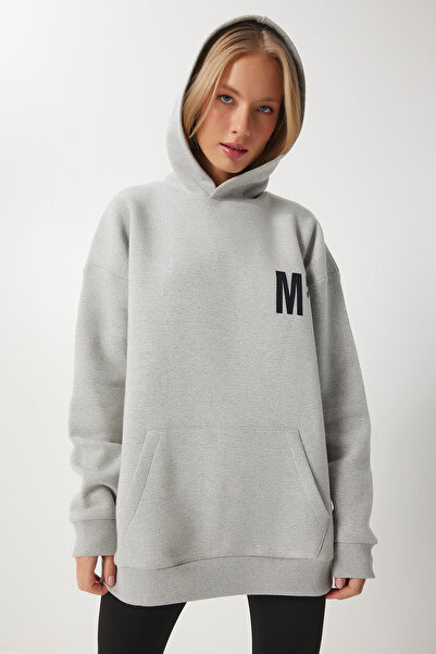 Happiness İstanbul Women's Gray Hooded Ribbed Oversize Sweatshirt Ow00047