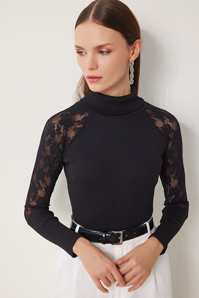 Happiness İstanbul Women's Black Turtleneck Lace Ribbed Knitted Blouse En00626