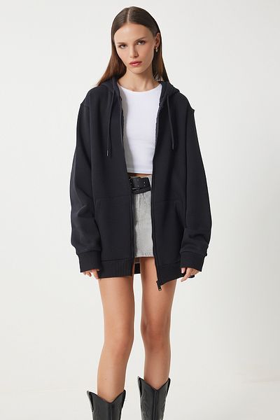 Happiness İstanbul Schwarzes Oversize-Sweatshirt mit Kapuze – Reißverschluss, VN00015