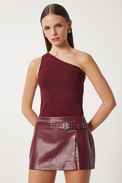 Happiness İstanbul Burgunderrote One-Shoulder-Strickbluse für Damen FN03208