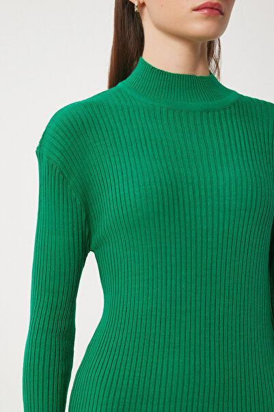 Happiness İstanbul Γυναικείο Πλεκτό Φόρεμα με Πράσινο Σταντ γιακά DD01338