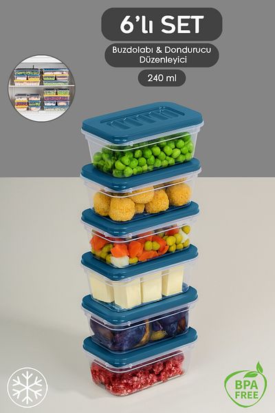 Meleni Home 6-Piece Refrigerator Organizer - Microwave and Diffuser Convenient Storage Container - 6X240Ml Blue