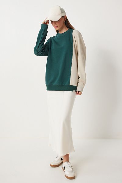 Happiness İstanbul Grünes Blockfarben-Strick-Sweatshirt für Damen – VN00021