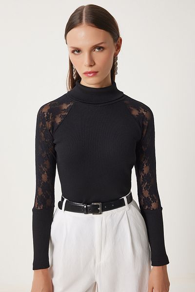 Happiness İstanbul Women's Black Turtleneck Lace Ribbed Knitted Blouse En00626