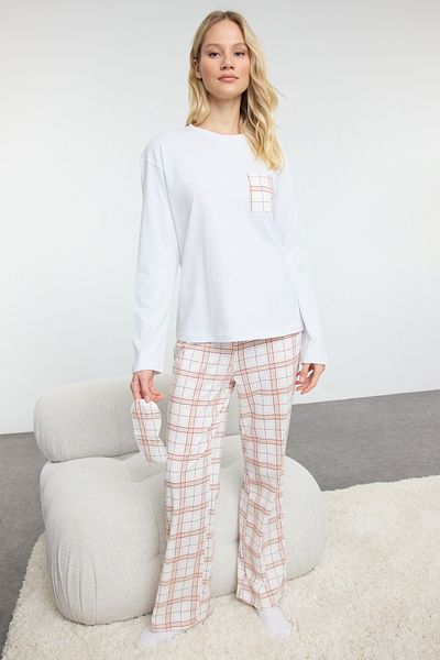 Trendyol Collection Fehér-többszínű pamut kockás zsebes részlet kötött pizsama szett THMAW25PT00147