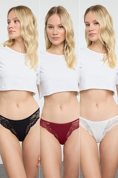 Trendyol Collection 3er-Pack brasilianische Spitzenhöschen aus schwarz-burgunderrot-weißer Baumwolle – THMAW25KU00013