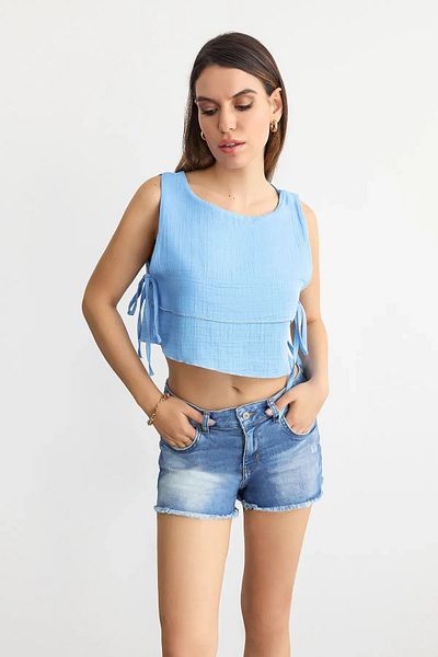 Hiccup Crop top din muselină cu cravată laterală cu guler