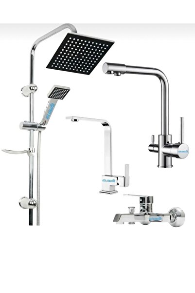 BDL ARMATÜR 3 GİRİŞLİ MUTFAK LÜX KARE LAVABO LÜX KARE BANYO ROBOT DUŞ 4’LÜ MUSLUK BATARYA SETİ