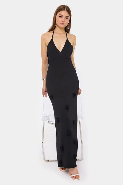 Hiccup Flower Detailed Open Back Strap V-Neck Maxi Dress