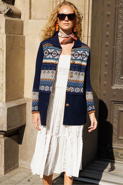Desen Triko Cardigan de lână cu guler polo pentru femei bleumarin - Fusta din pâslă