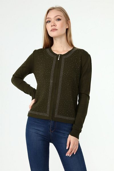 FTZ WOMEN Cardigan de damă cu detaliu în piatră în față kaki 21-1351