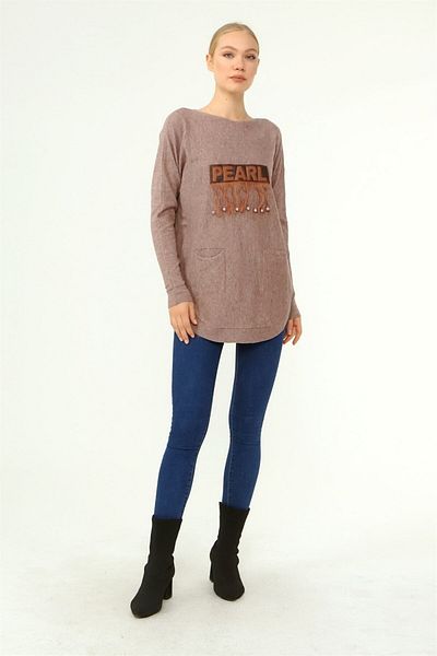 FTZ WOMEN Γυναικείο Πουλόβερ Μπροστινό Κεντημένο Oversize Μπεζ 21-1290