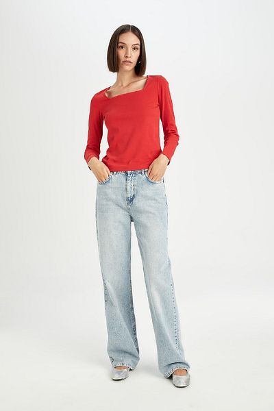 DeFacto Red Long Sleeve Ribbed Camisole T-Shirt - Square Collar, Regular Fit D7506Ax24Au
