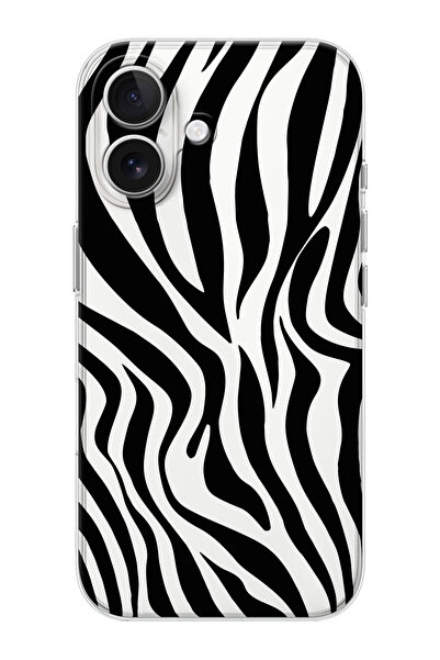 shoptocase iPhone 16  Uyumlu Zebra Desenli Şeffaf Silikon Telefon Kılıfı