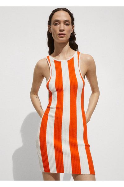 MANGO Woman Rochie tricotată ondulată cu nervuri în dungi