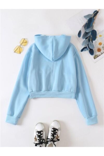 MOONBULL Kadın Oversize Fermuarlı Kapüşonlu Crop Sweat Hırka