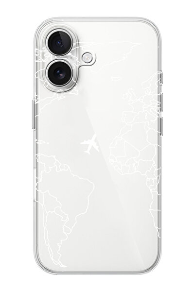 shoptocase iPhone 16  Uyumlu Harita Desenli Şeffaf Silikon Telefon Kılıfı