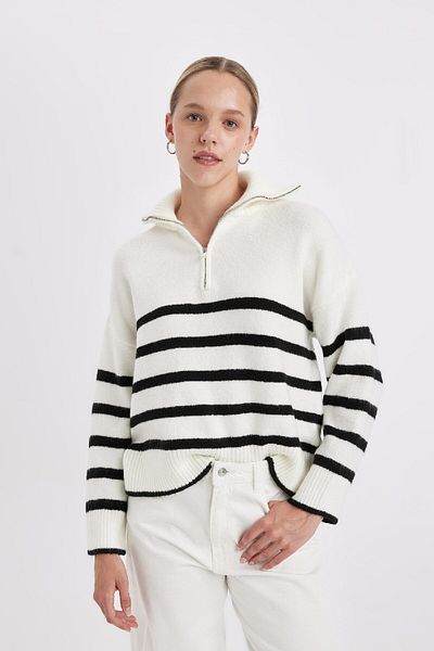 DeFacto Wide Fit Striped Knitwear Sweater - Half Zipper, Stand Collar A7173Ax24Wn